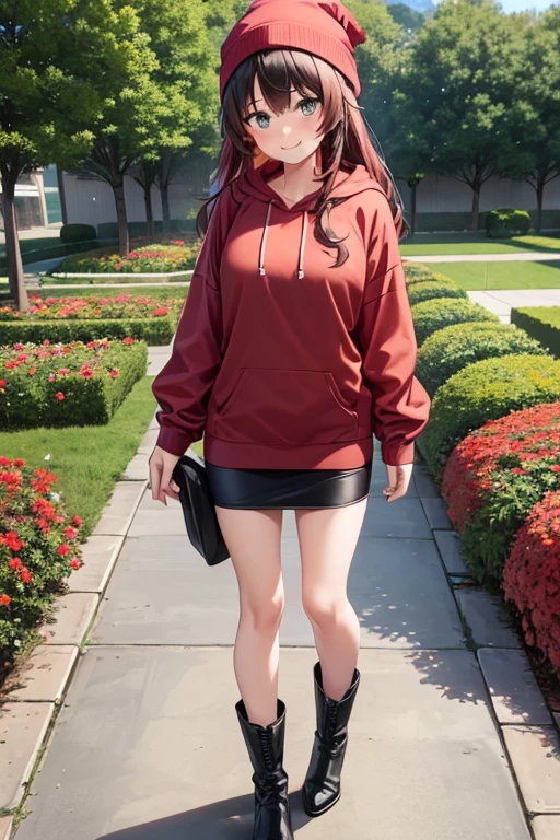 1girl, woman, red hoodie, tight midi pencil skirt (black), knee length pencil skirt, long brown hair, looking at viewer, full body, smile, blush, boots, garden, fall, beanie