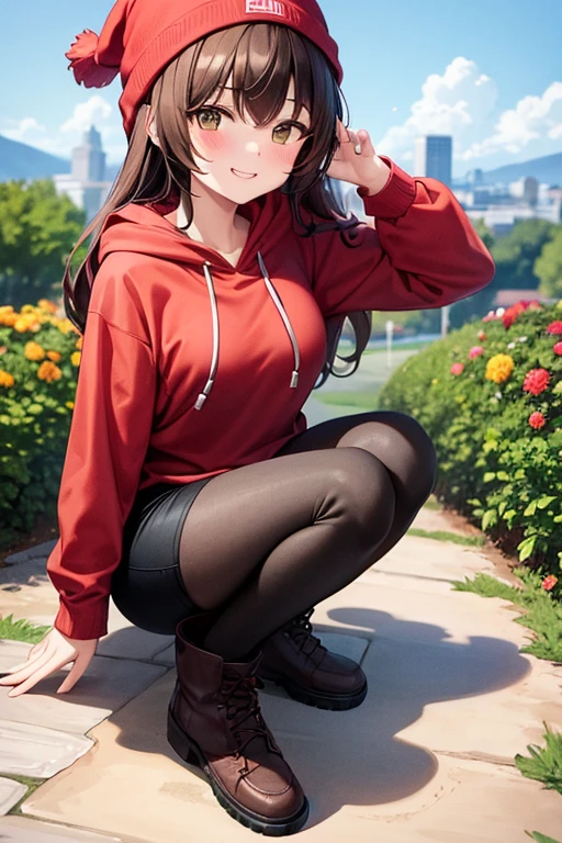1girl, woman, red hoodie, tight midi pencil skirt (black), knee length pencil skirt, long brown hair, looking at viewer, full body, smile, blush, boots, garden, fall, beanie