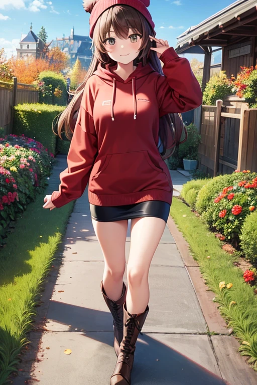 1girl, woman, red hoodie, tight midi pencil skirt (black), knee length pencil skirt, long brown hair, looking at viewer, full body, smile, blush, boots, garden, fall, beanie