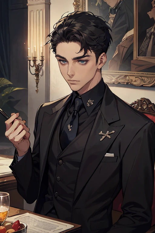 ((One young man with a black suit and tie)), alejandro, (((one side swept dark short neat hair))), ( blue eyes and thick eyebrows), ((30 years old)), ((masterpiece)), ((cinematic lighting)), relax look and smirk, waiting for someone