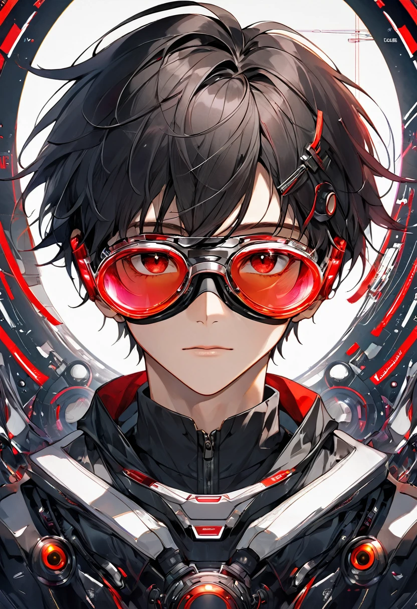 a young man wearing an extremely detailed high tech goggles with red lenses & a hud