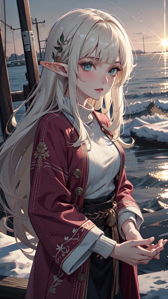 ((masterpiece )), (top quality), (best quality), ((ultra-detailed, 8k quality)), Aesthetics, Cinematic lighting, (detailed line art),
BREAK,
highly detailed of (elf), (1girl), perfect face, details eye, long hair, side Blunt bangs, blonde white hair, green eyes, eyelashes, eyeshadow, pink eyeshadow, light smile, design art by Artgerm, by Kawacy, By Yoshitaka Amano,
BREAK,
jumper, sweater, cables, cables composition, fishermans rib, woolen material, open coat, cowboy shot, dynamic angle, looking at viewer, showing her hand out, (morning sun background, (Winter Creek background)), amano yoshitaka,
BREAK,
((perfect anatomy)), nice body, medium breast, extremely detailed finger, best hands, perfect face, beautiful face, beautiful eyes, perfect eyes, perfect fingers, correct anatomy,