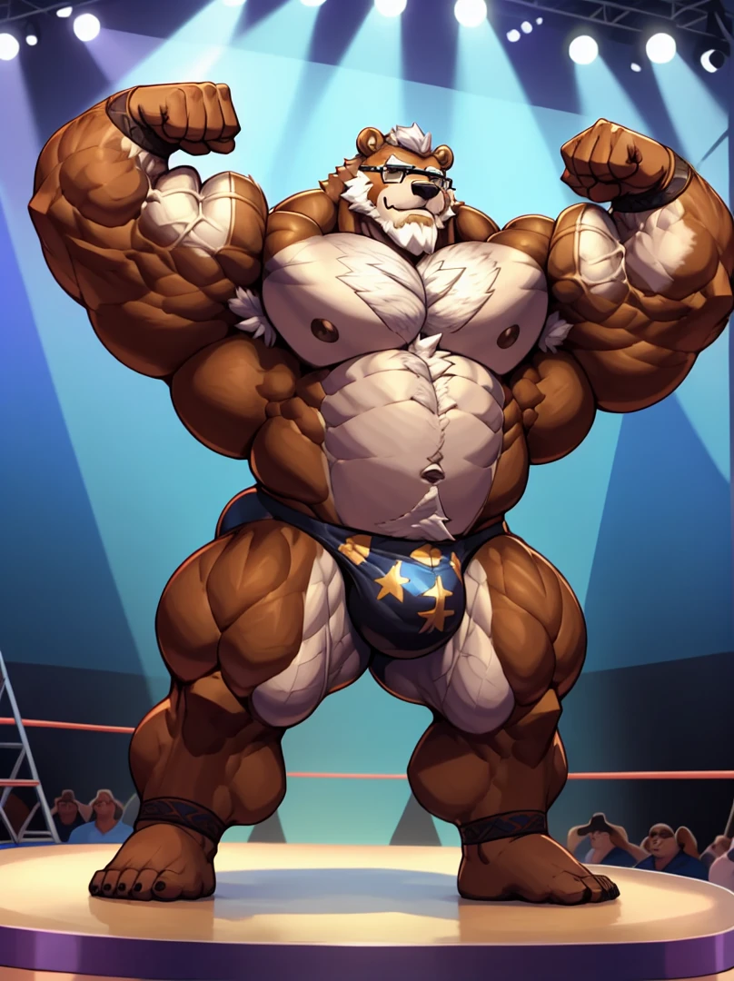 solo, 1boy, Huge Muscular Old Grizzly Bear wearing glasses, correct anatomy, steroid, pectoral, huge pectoral, wide pectoral, short white hair, black competitive briefs, speedo, bearded, Mustache, bodybuilding competition stafe background, masterpiece, high detailed, 8k, high resolution, at the stage, flexing off for the audience