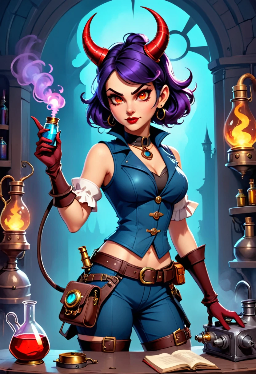In D&D style, a woman with devil horns, she looks like a little bit like crazy scientis, and she has a kind of steam punk outfit, and she is holding a potion in one hand and a sold stylish pistol in the other hand.