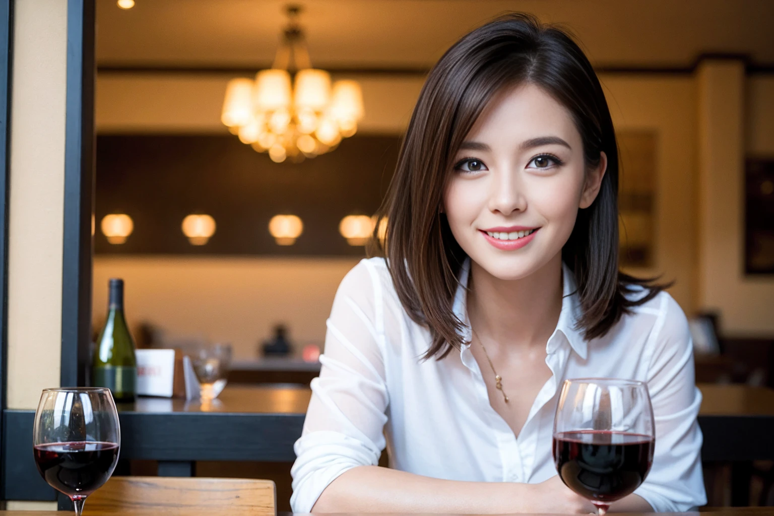 ((Highest quality、8K、masterpiece:1.3))、slimカップル、modelカップル、(Realistic, Intricate details:1.2), full-course dinner、Wine Party、Amazing view of the sunset sky and clouds、A bright smile、The wonderfulness of smile、Bright image、The beauty of wine, Beautiful Face, blue eyes, The light shines on your face, Blushing, short hair,Bright Face、 (Age 37), 39 years old, red wine 、Appetizers、Italian food、Wine bottle、Champagne、sparkling wine、Two beauties、Brown Hair、Shortcuts、Long sleeve shirt、dress、Beautiful woman 1, (slimな顔), (The body is slim), (Brown Hair), (Shortcuts), cheeks turn a little red,Attractive beauty、restaurant, In a prominent place (From the waist up) Nova Frog Style, actress, model, Upper Body, White wine, slim, wine glass, 中央に置かれたwine glass, smile, (smile: 1.15), Beautiful fine grain, Depth f/2,saturation, High Contrast, Strong light and shadow,Moist Body:1.5、3D texture、Delicate eyes、Brown Hair、The hair is very shiny、