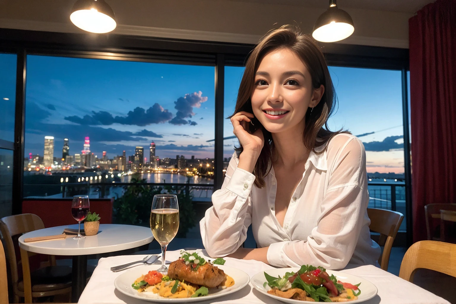 ((Highest quality、8K、masterpiece:1.3))、slimカップル、modelカップル、(Realistic, Intricate details:1.2), full-course dinner、Wine Party、Amazing view of the sunset sky and clouds、A bright smile、The wonderfulness of smile、Bright image、The beauty of wine, Beautiful Face, blue eyes, The light shines on your face, Blushing, short hair,Bright Face、 (Age 37), 39 years old, red wine 、Appetizers、Italian food、Wine bottle、Champagne、sparkling wine、Two beauties、Brown Hair、Shortcuts、Long sleeve shirt、dress、Beautiful woman 1, (slimな顔), (The body is slim), (Brown Hair), (Shortcuts), cheeks turn a little red,Attractive beauty、restaurant, In a prominent place (From the waist up) Nova Frog Style, actress, model, Upper Body, White wine, slim, wine glass, 中央に置かれたwine glass, smile, (smile: 1.15), Beautiful fine grain, Depth f/2,saturation, High Contrast, Strong light and shadow,Moist Body:1.5、3D texture、Delicate eyes、Brown Hair、The hair is very shiny、