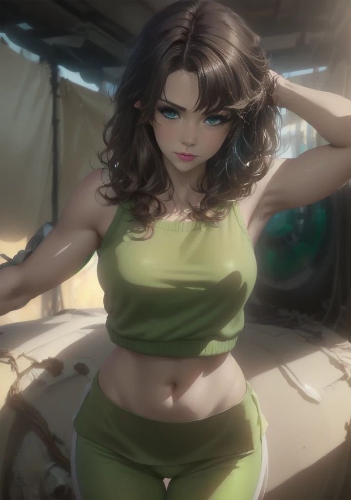 a young woman with dark brown hair, beautiful detailed green and blue eyes with central heterochromia, white sweater, black skirt, pantyhose, high quality, masterpiece, ultra-detailed, realistic, photorealistic, physically-based rendering, vivid colors, studio lighting, sharp focus, professional photography, solo, cowboy shot, simple background, tan skin