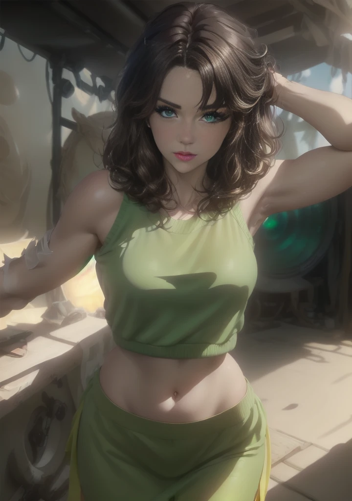 a young woman with dark brown hair, beautiful detailed green and blue eyes with central heterochromia, white sweater, black skirt, pantyhose, high quality, masterpiece, ultra-detailed, realistic, photorealistic, physically-based rendering, vivid colors, studio lighting, sharp focus, professional photography, solo, cowboy shot, simple background, tan skin