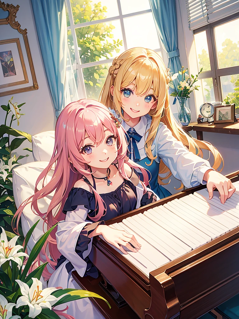 Best picture quality, lovely girl playing piano, detailed eyes, pastel coloring in pen drawing, smiling very happily, surprisingly large shining eyes, long eyelashes, long chestnut hair, happy smile, best smile, friendly and happy smile, lilies blooming outside window,