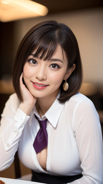 (masterpiece)、(Highest quality:1.5)、(Photorealistic:1.2)、(Surreal), (High resolution), (Realistic), (Post-processing),(Sharp focus), Sharp focus:1.2,Backlight, (Improvement of quality:1.4), (Narrow waist)、Big Ass、((Perfectly detailed five-fingered hands)),(Anatomically correct body)、((1 female:1.4))、Japanese、Realistic Skin、(Small chest:1.4)、Bust size is A cup、Pretty woman with perfect figure:1.4,(from the front:1.5), (Enhances the beauty of skin texture:1.1),No makeup、美しいBlack Hair、The best smile、Natural color lip、(Small Mouth:1.4)、The mouth is not open、Thick lips、(Oval Face)、Even bangs、Hide eyebrows with bangs、((33-year-old woman))、Bob Hair、Hair blowing in the wind, (Black Hair, Iris, Watery eyes, Shining Eyes, Bob Cut Hair, Small earrings,), Hair behind the ear、No makeup、(Drooping eyes)、(((One lovely woman)),((A big friendly smile)),(( Small breasts,Small breastsの谷間)),((((Plump Cheeks)))),((whole body:1.5)),very cute,(Baby Face),高級restaurantで、full-course dinner、Wine Party、Bright image、The beauty of wine, Beautiful Face, red wine 、Appetizers、Italian food、Wine bottle、Champagne、sparkling wine、(slimな顔), (The body is slim),restaurant, White wine, slim, wine glass, 中央に置かれたwine glass, Beautiful fine grain, Depth f/2,saturation, High Contrast, Strong light and shadow,Moist Body:1.5、3D texture、Delicate eyes、((In front of the food on the table:1.5))、White collar shirt and tie、erious expression