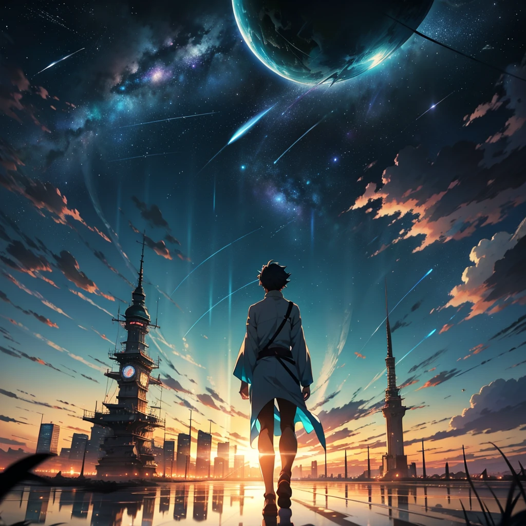 Beautiful sky anime scene with stars and planets, Space Sky. by Makoto Shinkai, anime art wallpaper 4k, 1 teal-haired woman, Landscape,anime art wallpaper 4k, Anime Art Wallpapers 8K, anime wallpaper 4k, anime wallpaper 4k, 4k anime wallpaper, Anime Sky, Awesome Wallpapers, Anime Background, Heavenly planets in the background, Anime Background art, reflection, Quantum transitions, Knight costume, In the city tower.