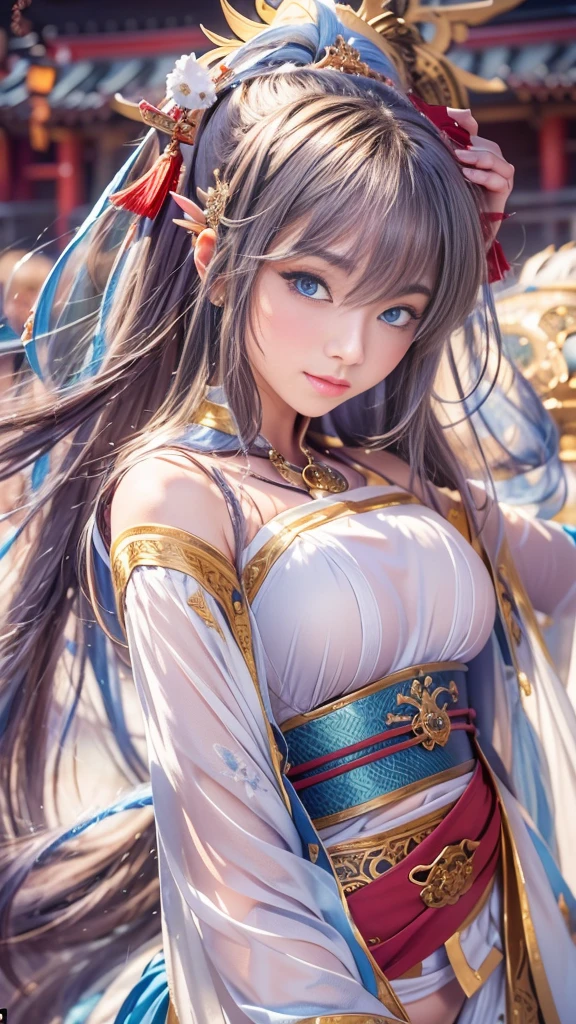 (32k:1.5, Highest quality, masterpiece, Ultra-high resolution), Perfect dynamic composition, Professional camera work, mysteriousな肖像画, Cinematic Light, Highly detailed skin and facial textures:1.3, Ultra-detailed, Detailed eyes, (Ride the Red Dragon, With a mysterious stick), (Rebellious:1.3, Fantastic:1.2, Great background:1.2, tradition:1.2, Majestic:1.2), One Girl, cute sexy slim goddess, Incredibly slim body, Fair skin, (smile:0.9, Totally captivates you:1.0), (Japanese Shrine Maiden Costume:1.3), Ample breasts:0.9, (Buckshot, Calm pose), (Beautiful Blue Eyes, Beautiful erotic eyes:0.85, Feel the beautiful eroticism:0.9), Sensual sitting position:0.4, (romantic, dramatic, mysterious), Object of admiration, Artistic, Innovative, attractive, sense of openness, sense of cleanliness, Heartful, Fancy, exciting, Extreme, ((Too cute beauty:0.9))