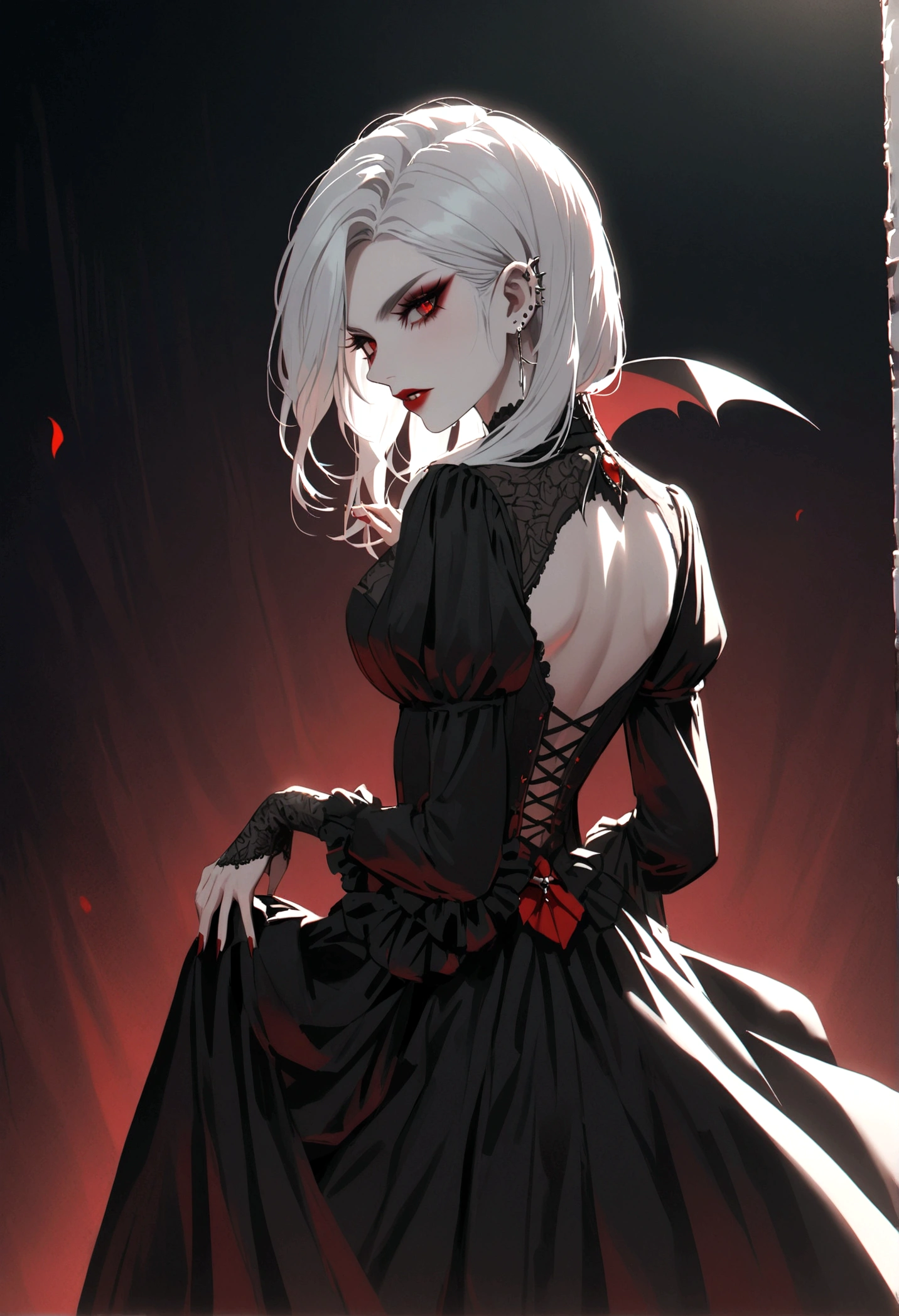 Beautiful vampire woman , long  white  hair , Eyes red , black gown , black victorian dress , piercing look and red lipstick , backwards, looking back