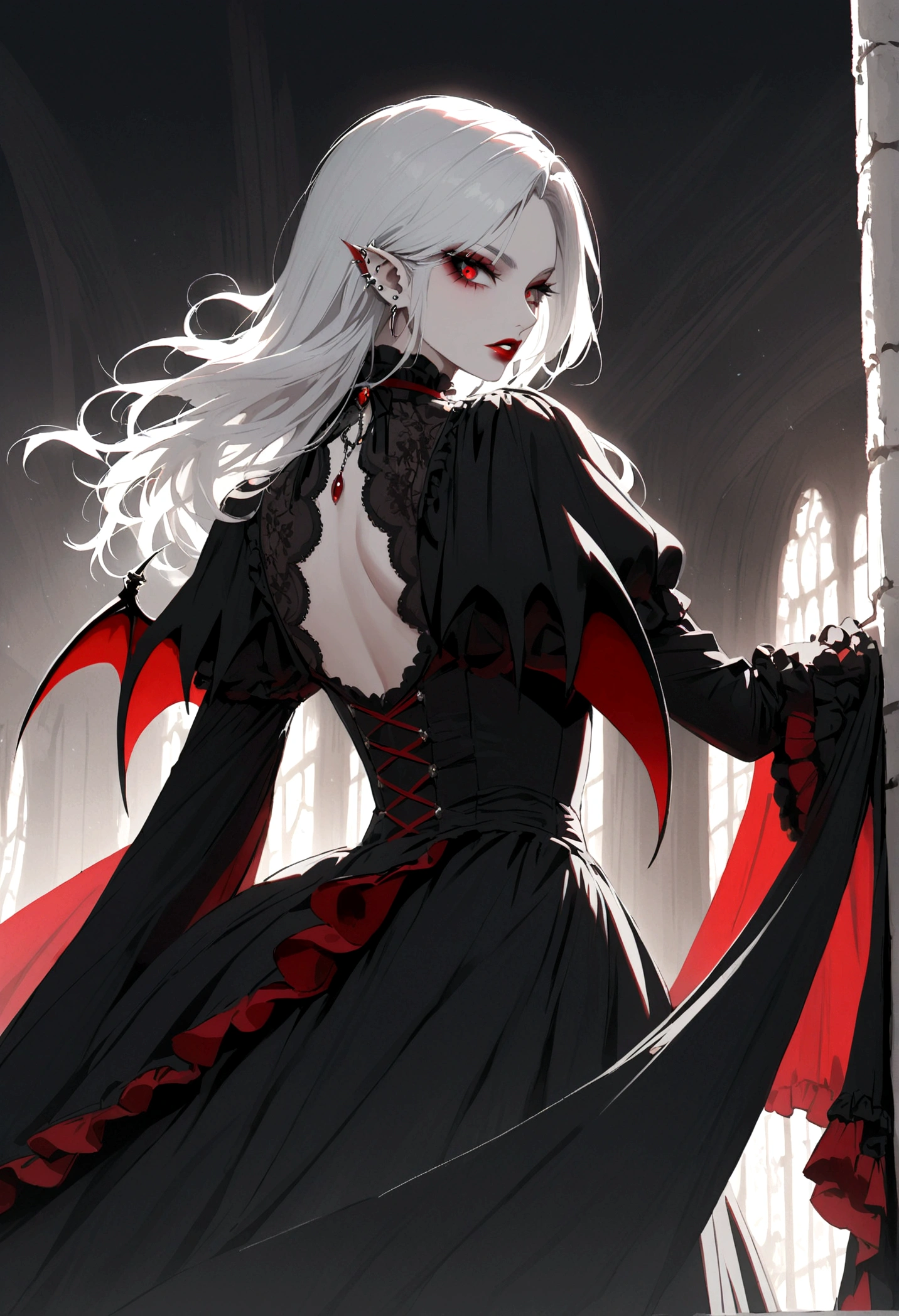 Beautiful vampire woman , long  white  hair , Eyes red , black gown , black victorian dress , piercing look and red lipstick , backwards, looking back