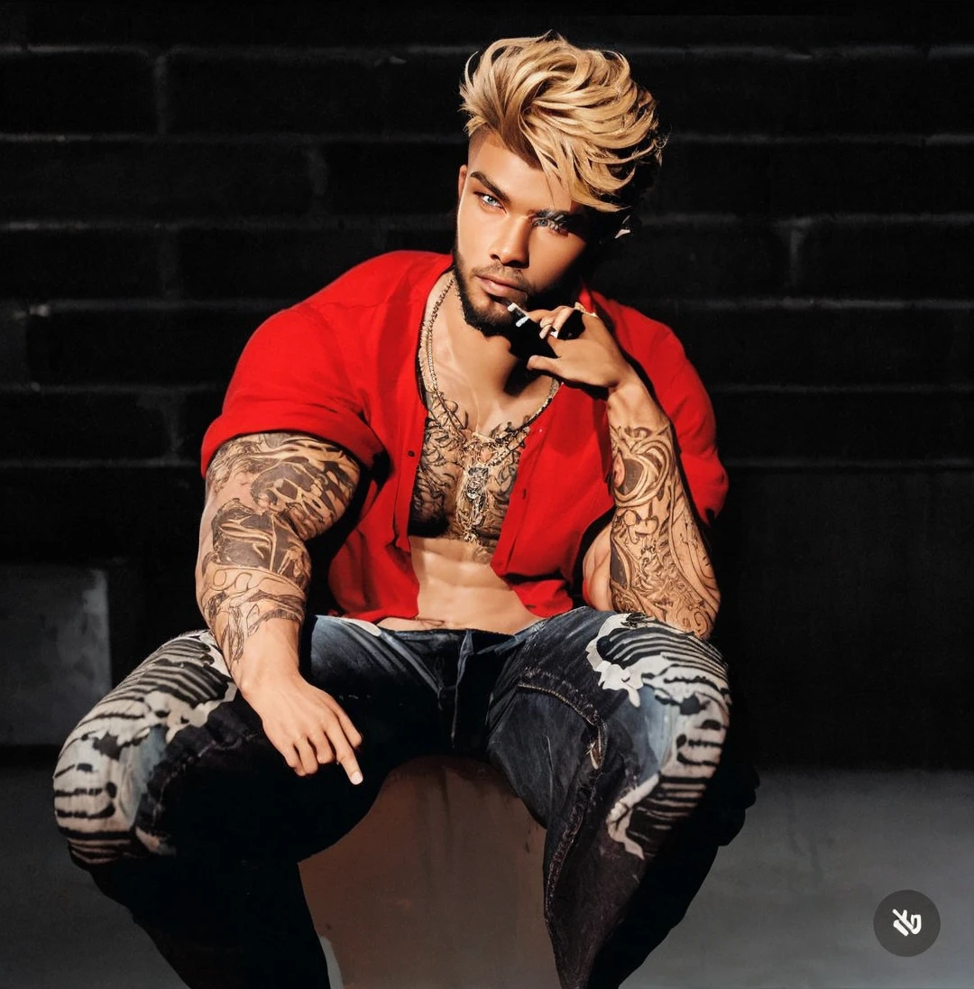 1male, dark skin, blond scruffy hair, beard, expressionless, black tanktop, smoking cigarette, red pants, city background, detailed background, hands to side, standing on path