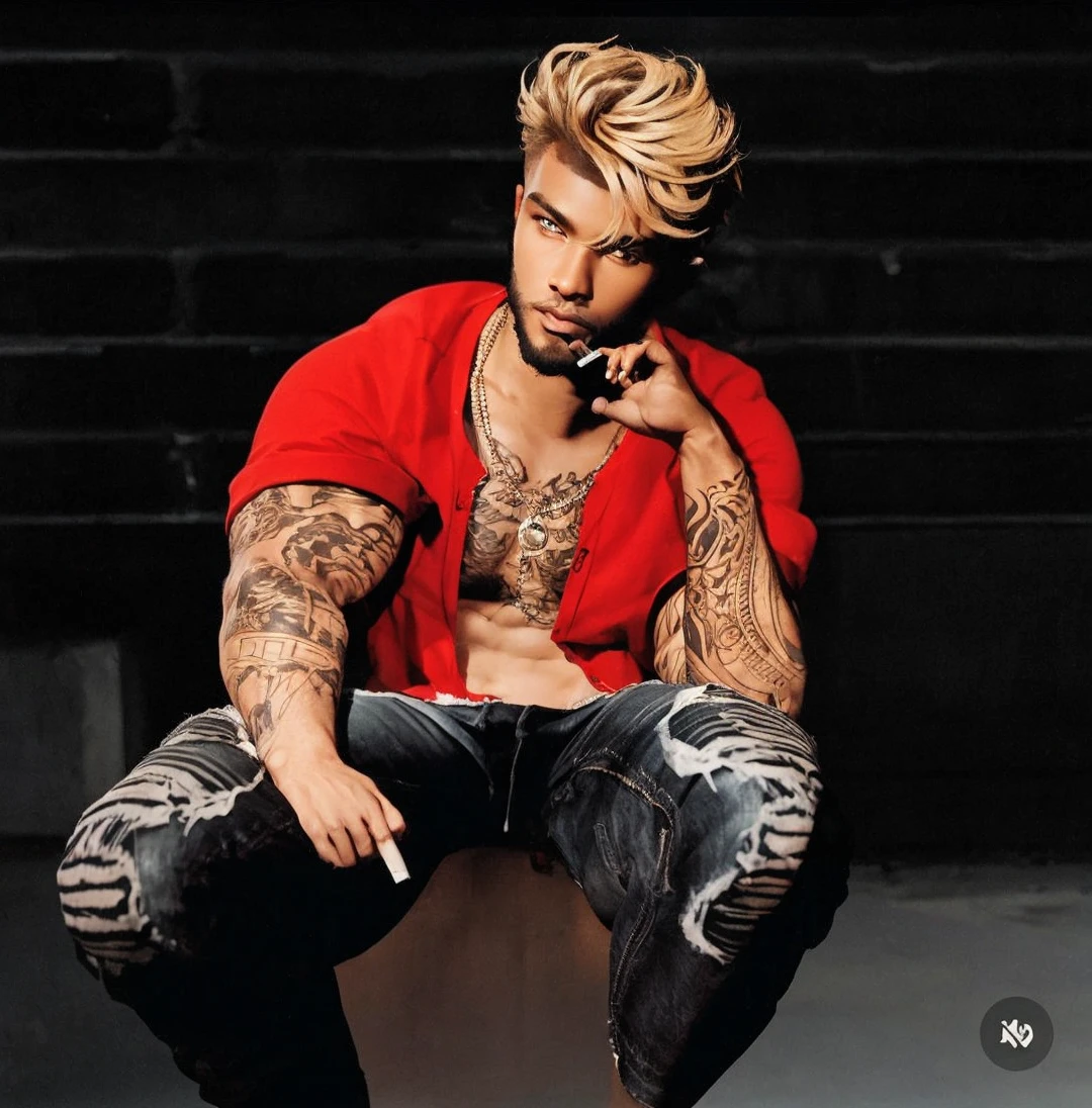 1male, dark skin, blond scruffy hair, beard, expressionless, black tanktop, smoking cigarette, red pants, city background, detailed background, hands to side, standing on path