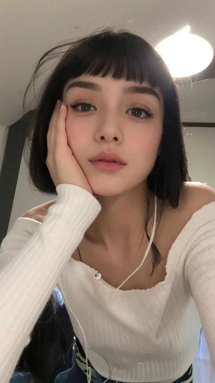 Pale teenage girl with black hair and bangs above her eyebrows, with small pink lips and a potato nose and light green eyes, taking photo with long t-shirt with one hand on left cheek