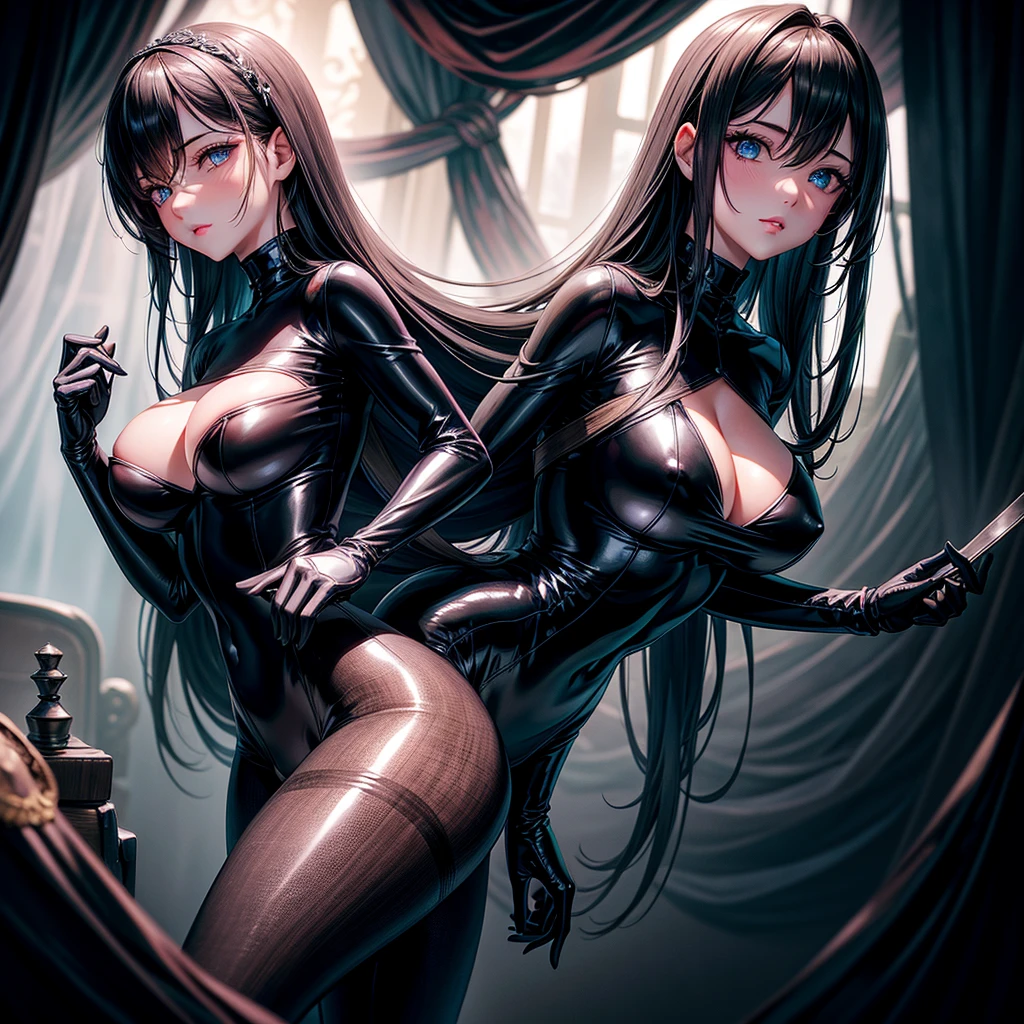 very detailed face, detailed clothing, detailed fabric, 1 woman, perfectly drawn body, huge breasts, sexy pose, beautiful face, long black hair, blue eyes, very detailed eyes, pink cheeks, shy expression, (Shiny black tight bodysuit), black gloves, gloves covering hands, Sensual lips , dinner de invierno, Show details at a glance, View from the front, looking at viewer, dark road, Dark Forest, dinner, atmosphere, Fog