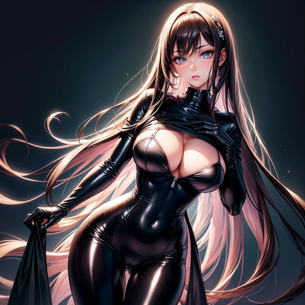 very detailed face, detailed clothing, detailed fabric, 1 woman, perfectly drawn body, huge breasts, sexy pose, beautiful face, long black hair, blue eyes, very detailed eyes, pink cheeks, shy expression,  (Shiny black tight bodysuit), black gloves, gloves covering hands, Sensual lips ,  dinner de invierno, Show details at a glance, View from the front, looking at viewer, dark road, Dark Forest, dinner, atmosphere, Fog