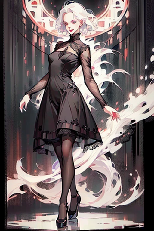 (black lace dress, pantyhose :1.3),Cute 18 yo (albino:1.4)woman of Slavic descent.(short:1.1), long white hair, gray eyes, ((very pale:1.4)). Innocent look. Gentle spirit.(virgin),((smile)).Masterpiece, best quality(highly detailed:1.2),(detailed face and eyes:1.2), depth of field, 8k wallpaper, studio lighting, core shadows, high contrast, bokeh.