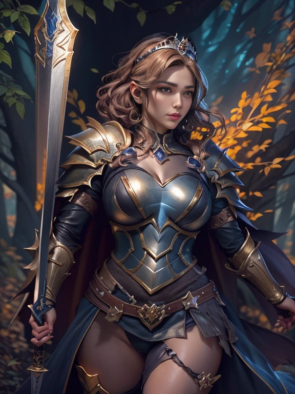 Celebrity photos, born, Beautiful woman, ((Portraiture)), ((detailed face, Colorful rainbow hair:1.2)), ((detailed facial feature, detailed skin, Transparent muscle, Part your lips), (Perfectly balanced body, Huge breasts:1.8), ((Wearing a tiara, Cape, Full Armor, breastplate, Gauntlet, Armored Legwear, He is holding a shield in his left arm, He holds a sword in his right hand: 1.5)), (high detailed dark forest: 1.3), (Realistic photos, Highest quality, detailed), (8k wallpaper), (Cinema Lighting, Dramatic lighting) (Sharp focus, Complex)