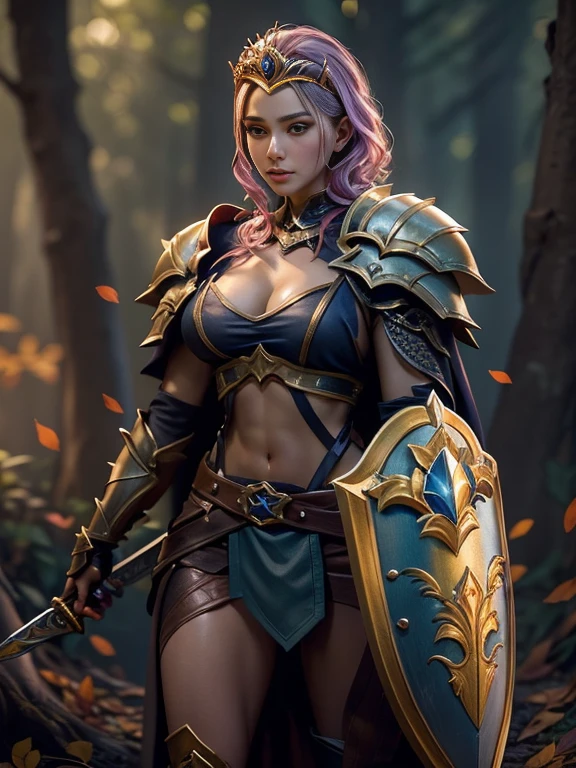 Celebrity photos, born, Beautiful woman, ((Portraiture)), ((detailed face, Colorful rainbow hair:1.2)), ((detailed facial feature, detailed skin, Transparent muscle, Part your lips), (Perfectly balanced body, Huge breasts:1.8), ((Wearing a tiara, Cape, Full Armor, breastplate, Gauntlet, Armored Legwear, He is holding a shield in his left arm, He holds a sword in his right hand: 1.5)), (high detailed dark forest: 1.3), (Realistic photos, Highest quality, detailed), (8k wallpaper), (Cinema Lighting, Dramatic lighting) (Sharp focus, Complex)
