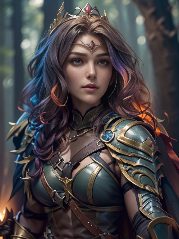 Celebrity photos, born, Beautiful woman, ((Portraiture)), ((detailed face, Colorful rainbow hair:1.2)), ((detailed facial feature, detailed skin, Transparent muscle, Part your lips), (Perfectly balanced body, Huge breasts:1.8), ((Wearing a tiara, Cape, Full Armor, breastplate, Gauntlet, Armored Legwear, He is holding a shield in his left arm, He holds a sword in his right hand: 1.5)), (high detailed dark forest: 1.3), (Realistic photos, Highest quality, detailed), (8k wallpaper), (Cinema Lighting, Dramatic lighting) (Sharp focus, Complex)