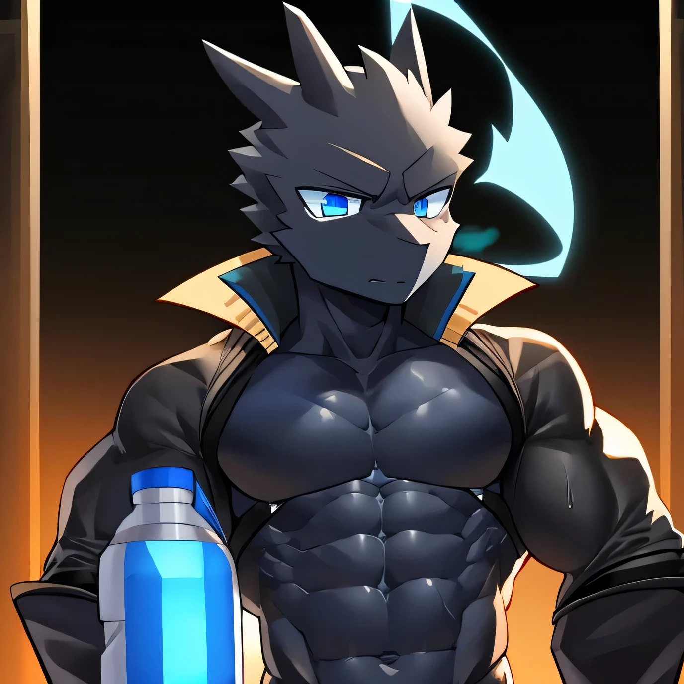 Thin macho western black dragon abs Hollow abs body suit thick arms chest rig 、sweaty skin glow profile Wearily short of breath Chemo shota
have a blue eyes Tired look jacket