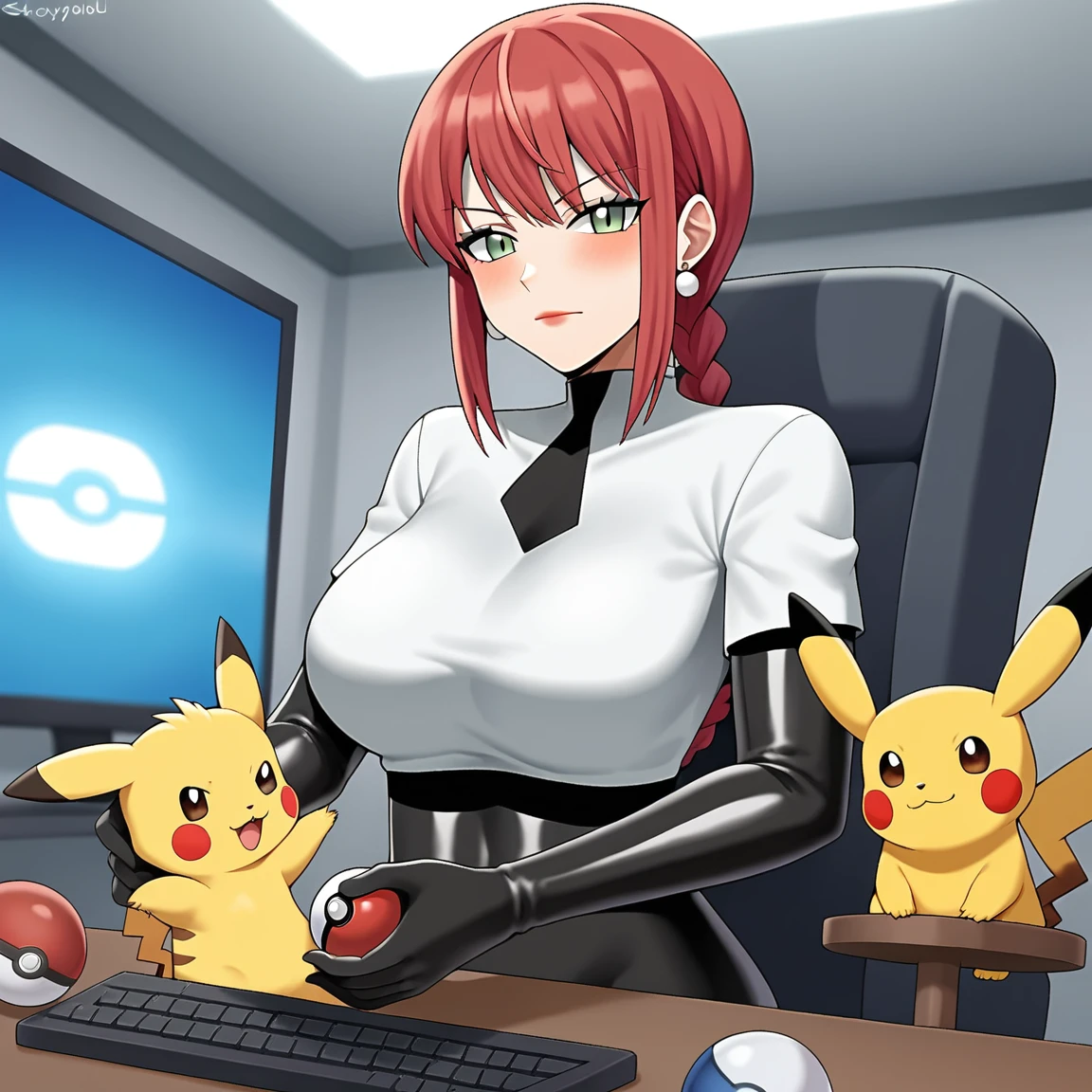 makima_(Chainsow Man), pikachu, pokemon_(creature), holding_pokemon, 1girl, gloves, eyes, jewelry, earrings, holding, indoors, hair, poke_ball, team_rocket, hair, breasts, computer, poke_ball_(basic), chair, blush , meowth , latex_gloves, _(pokemon), monitor, makeup,, blue_gloves, shirt, lipstick, looking_at viewer, table, closed mouth