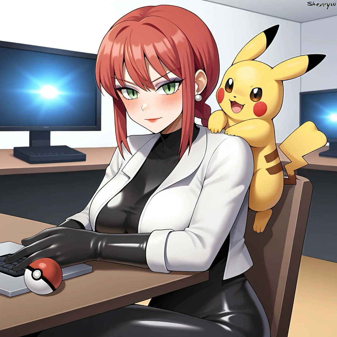 makima_(Chainsow Man), pikachu, pokemon_(creature), holding_pokemon, 1girl, gloves, eyes, jewelry, earrings, holding, indoors, hair, poke_ball, team_rocket, hair, breasts, computer, poke_ball_(basic), chair, blush , meowth , latex_gloves, _(pokemon), monitor, makeup,, blue_gloves, shirt, lipstick, looking_at viewer, table, closed mouth