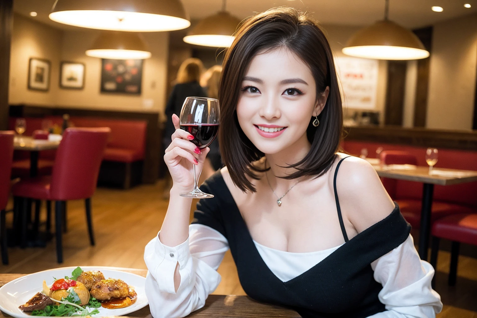 ((Highest quality、8K、masterpiece:1.3))、slimカップル、modelカップル、(Realistic, Intricate details:1.2), full-course dinner、Wine Party、Amazing view of the sunset sky and clouds、A bright smile、The wonderfulness of smile、Bright image、The beauty of wine, Beautiful Face, blue eyes, The light shines on your face, Blushing, short hair,Bright Face、 (Age 37), 39 years old, red wine 、Appetizers、Italian food、Wine bottle、Champagne、sparkling wine、Two beauties、Brown Hair、Shortcuts、Long sleeve shirt、dress、Beautiful woman 1, (slimな顔), (The body is slim), (Brown Hair), (Shortcuts), cheeks turn a little red,Attractive beauty、restaurant, In a prominent place (From the waist up) Nova Frog Style, actress, model, Upper Body, White wine, slim, wine glass, 中央に置かれたwine glass, smile, (smile: 1.15), Beautiful fine grain, Depth f/2,saturation, High Contrast, Strong light and shadow,Moist Body:1.5、3D texture、Delicate eyes、Brown Hair、The hair is very shiny、