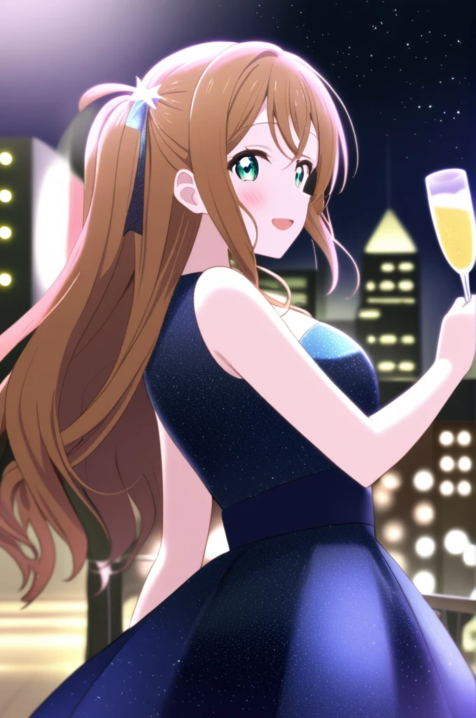 Sakurazaka Shizuku Big hair ribbon Night Cruising Night view Champagne glasses Party Dresses Brown Hair Long Hair Starry Sky 1People Girls LoveLive