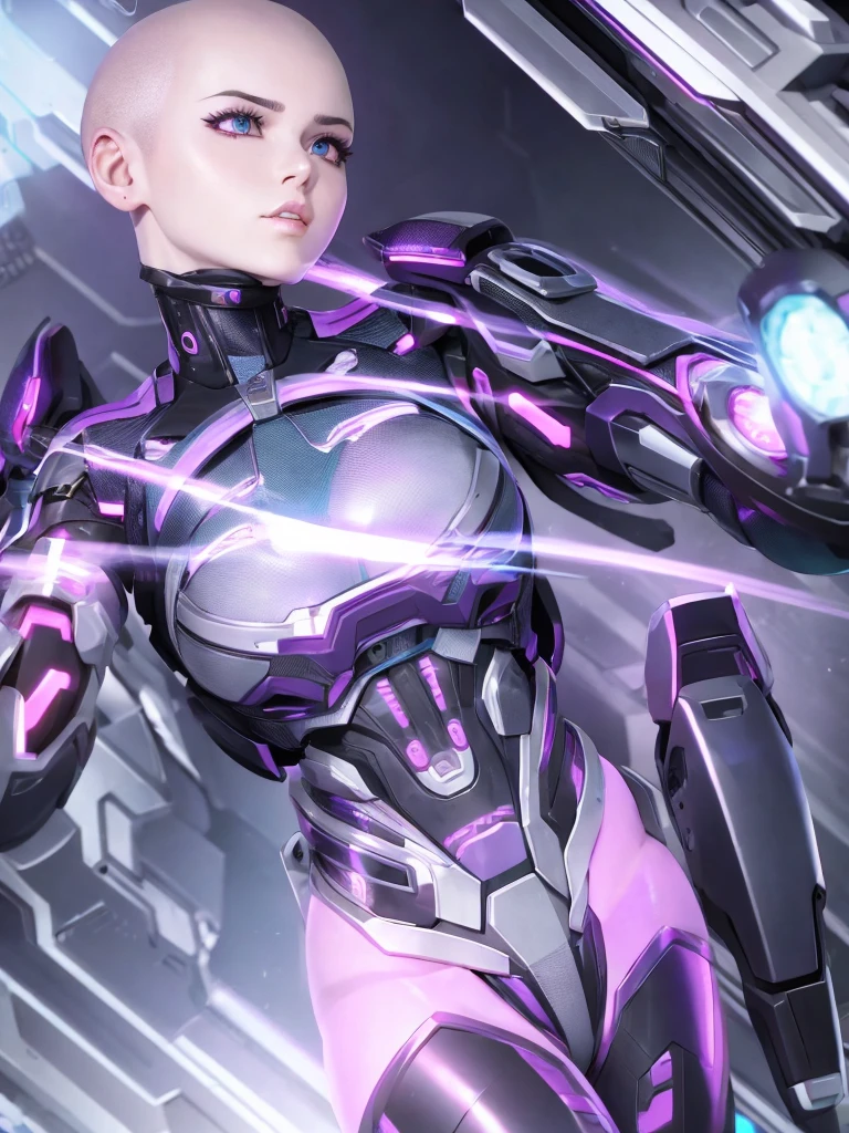 Cute cyborg girl, ((bald)), full body, purple led hair, synthetic Silver skin, skimpy cyber bodysuit, blue mechanical eyes. 