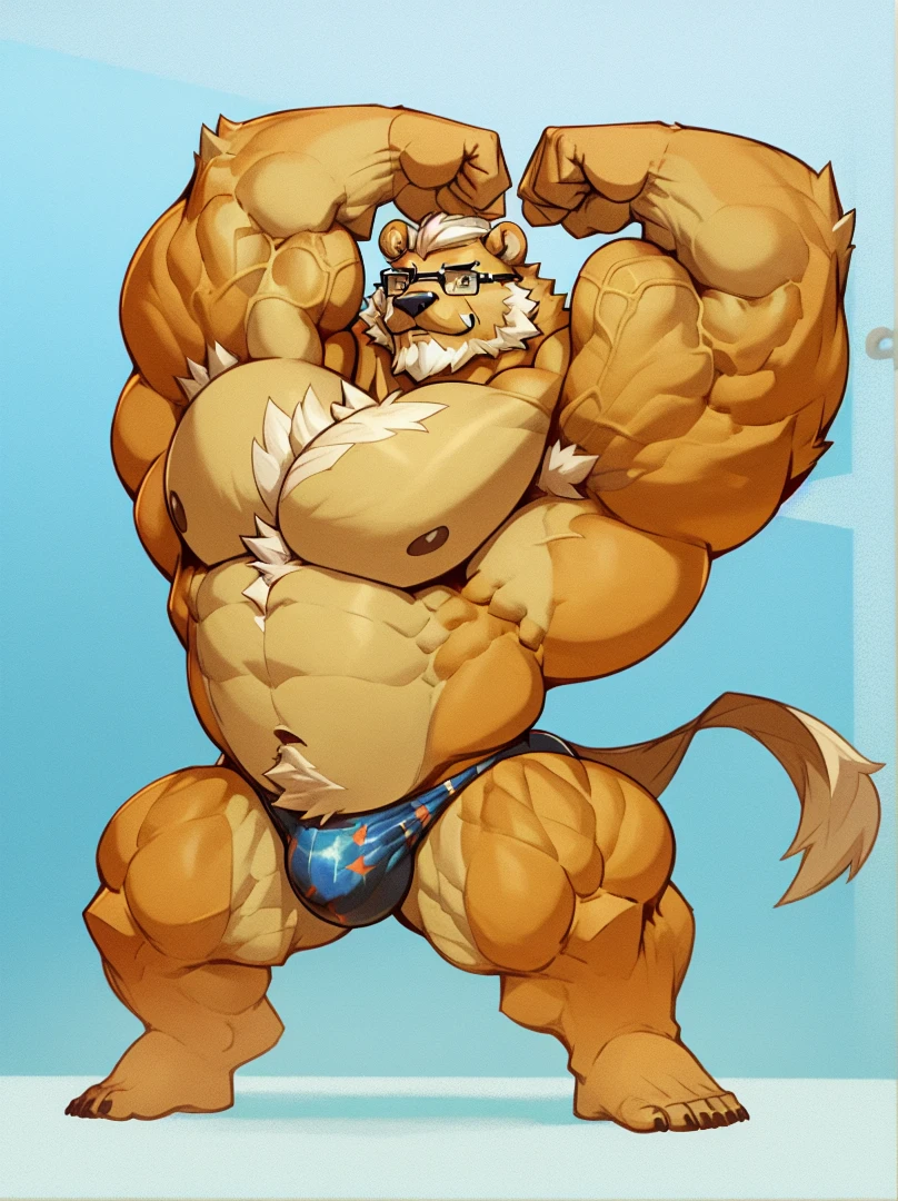 solo, 1boy, Huge Muscular Old Grizzly Bear wearing glasses, correct anatomy, steroid, pectoral, huge pectoral, wide pectoral, short white hair, black competitive briefs, speedo, bearded, Mustache, bodybuilding competition stafe background, masterpiece, high detailed, 8k, high resolution, at the stage, flexing off for the audience