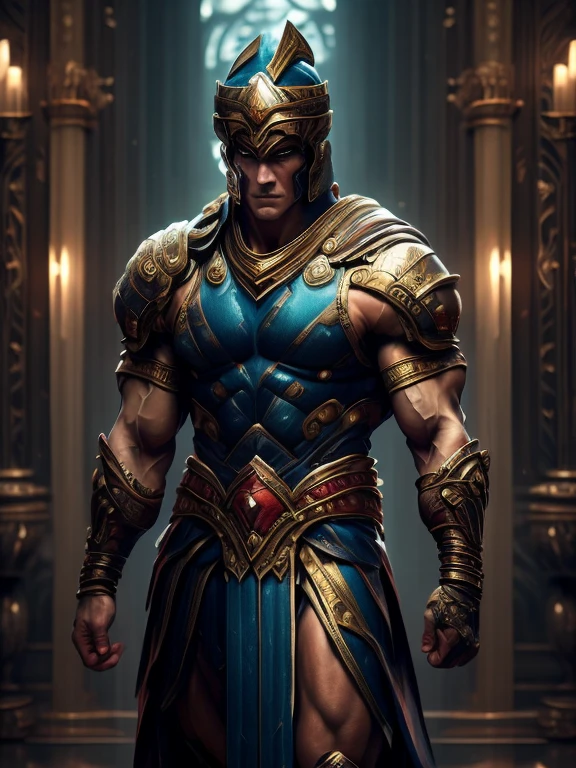 chiaroscuro technique on sensual illustration of an masculine, 26-year-old Italian male model, handsome Roman, (John Cena) he is the god of war, he is Ares, Mars, evil-looking, strong look, light blue eyes, strong jawline, dressed as a gladiator, ancient gladiator, male gladiator skirt, matte painting, by Harumi Hironaka, extremely soft colors, vibrant, pastel, highly detailed, digital artwork, high contrast, golden dramatic, refined, tonal, an intimate, seductive studio setting with a focus on sensuality and romance. Utilize soft, warm lighting that bathes the space in a gentle, inviting glow. Incorporate luxurious fabrics, plush furnishings, and a touch of decadence to evoke an opulent ambiance. The scene should exude an air of serenity and anticipation, inviting the viewer into a sensual and romantic space