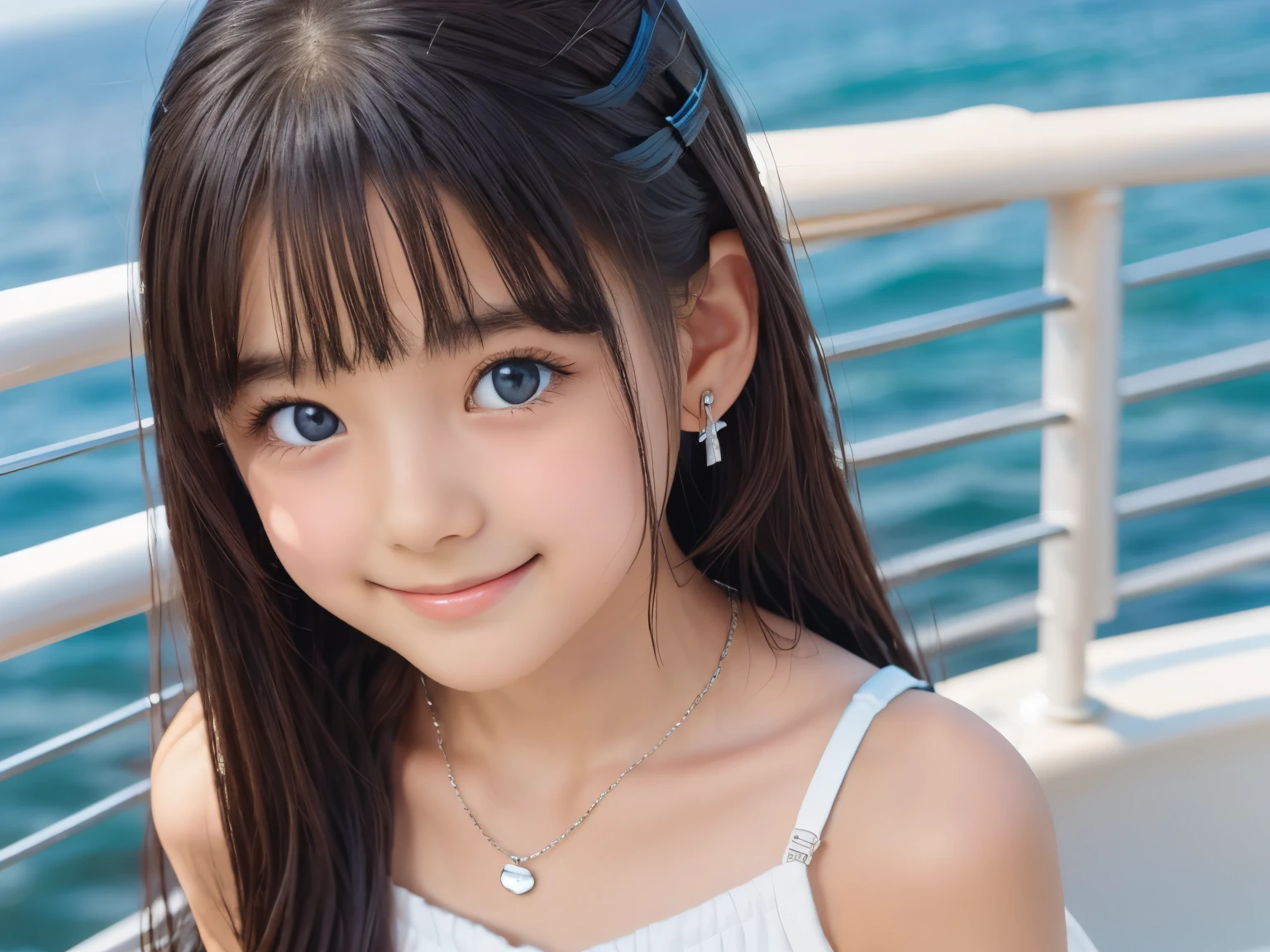 Small breasts、Earrings、necklace、Beautiful glowing white skin,、 bright, Refreshing and gentle look, Perfect beautiful pretty face, Shiny, straight, long hair down to the waist, Beautiful shiny bangs, （（Very beautiful and beautiful４Year old girl））, eyeliner, so perfect and beautiful, Big clear sky blue eyes, bright eye highlights、、Cute smile、Long eyelashes、Low waist、Low rise、Ocean、On the boat、Have a bold pose、Being at the edge of the waves、She is looking down from above、hot pants、16ｋ、Highest quality、