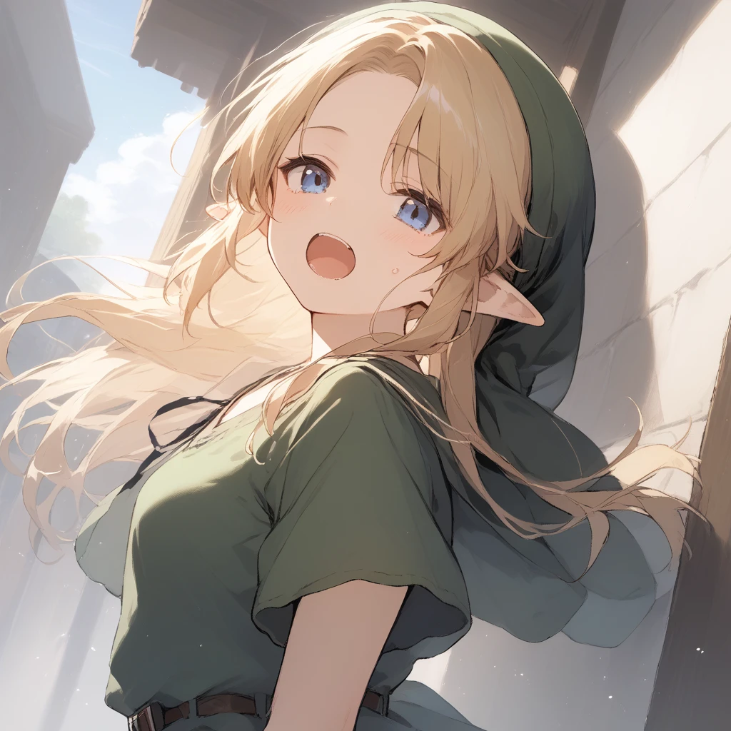 score_9, score_8_up, score_7_up, source_anime, best quality, masterpiece, official art, absurdres, highres, ultra-detailed,waifu2x,Collection: Slice of Life,break,1girl, YoungLink, small breasts, blonde hair, green tunic, pointy ears, hat, solo, blue eyes,green_headwear belt, sweat, open mouth, (yawn:0.3), sleepily, outdoors, wind,break,(clear line illustration:1.2), super detailed skin,very high resolution, very aesthetic, Best sexual lighting powered by famous artist, 8k,cute picture,beauty illustration,photoshop_(medium),,(Detailed Lighting),best anime 8k konachan wallpaper, pixiv contest winner, 