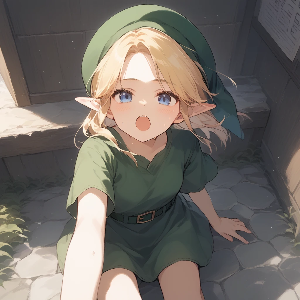 score_9, score_8_up, score_7_up, source_anime, best quality, masterpiece, official art, absurdres, highres, ultra-detailed,waifu2x,Collection: Slice of Life,break,1girl, YoungLink, small breasts, blonde hair, green tunic, pointy ears, hat, solo, blue eyes,green_headwear belt, sweat, open mouth, (yawn:0.3), sleepily, outdoors, wind,break,(clear line illustration:1.2), super detailed skin,very high resolution, very aesthetic, Best sexual lighting powered by famous artist, 8k,cute picture,beauty illustration,photoshop_(medium),,(Detailed Lighting),best anime 8k konachan wallpaper, pixiv contest winner, 