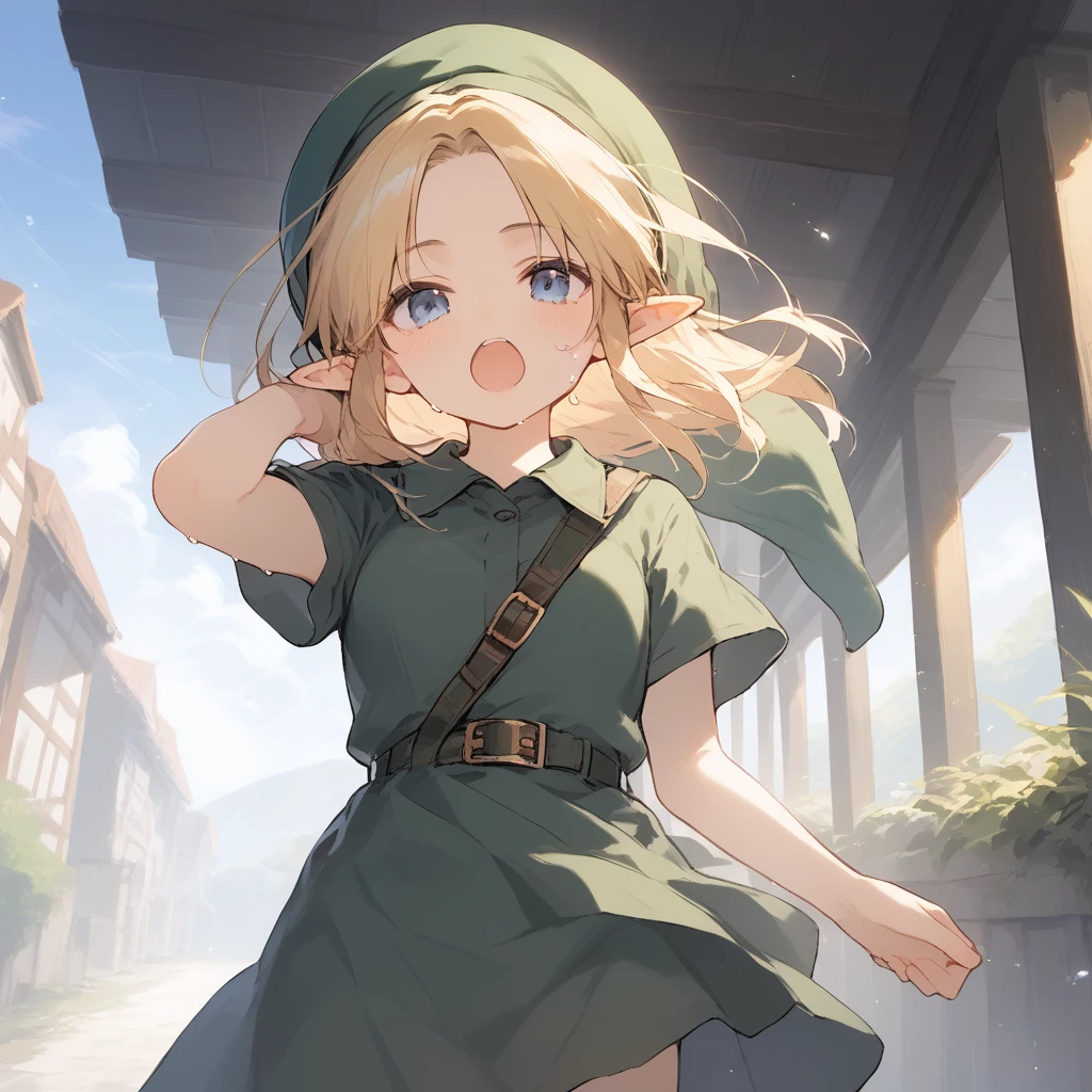 score_9, score_8_up, score_7_up, source_anime, best quality, masterpiece, official art, absurdres, highres, ultra-detailed,waifu2x,Collection: Slice of Life,break,1girl, YoungLink, small breasts, blonde hair, green tunic, pointy ears, hat, solo, blue eyes,green_headwear belt, sweat, open mouth, (yawn:0.3), sleepily, outdoors, wind,break,(clear line illustration:1.2), super detailed skin,very high resolution, very aesthetic, Best sexual lighting powered by famous artist, 8k,cute picture,beauty illustration,photoshop_(medium),,(Detailed Lighting),best anime 8k konachan wallpaper, pixiv contest winner,