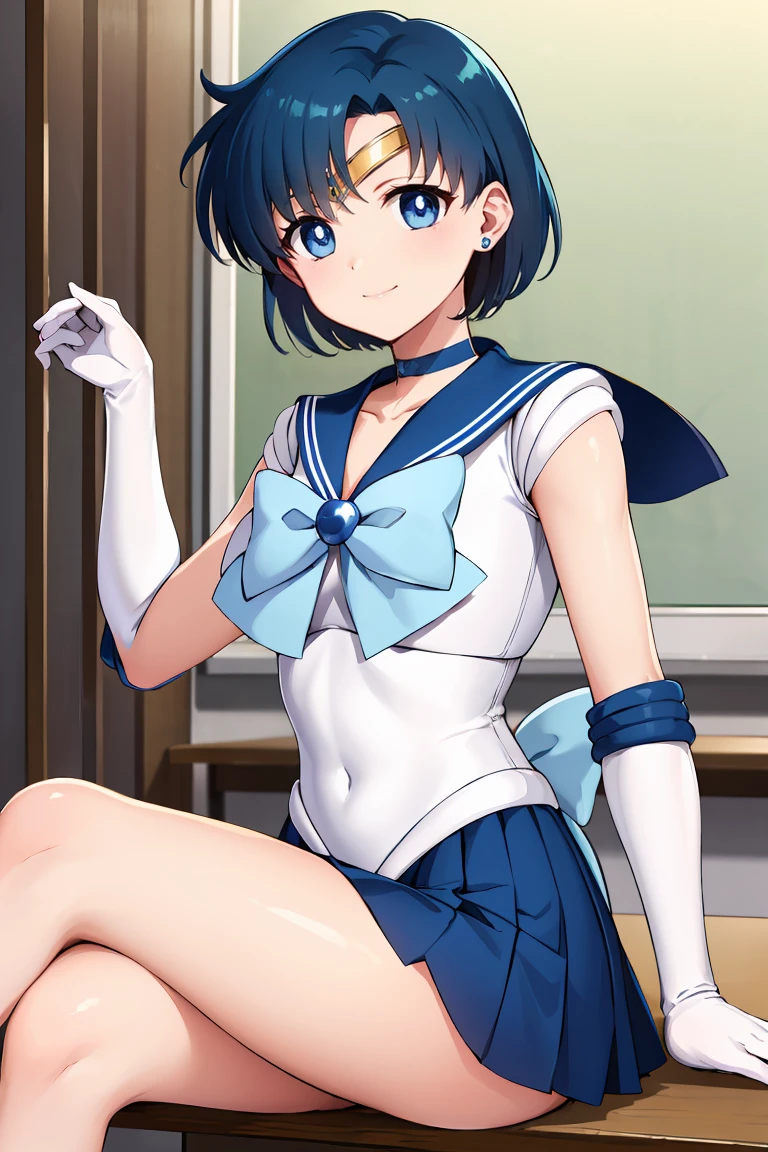 masterpiece, Highest quality, High resolution, Mercury 1, One girl, alone, Sailor Warrior Uniforms, Sailor Mercury, Which is Mizuno, Blue Hair, Magical girl, blue eyes, Blue Skirt, Elbow hand pockets, tiara, Pleated skirt, Hair Ribbon, Blue sailor collar, mini skirt, choker, Blue choker, White gloves, Short Hair, jewelry, Earrings, Sitting, Crossing your legs,The background is a school classroom,smile、
