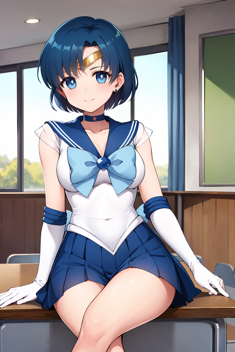 masterpiece, Highest quality, High resolution, Mercury 1, One girl, alone, Sailor Warrior Uniforms, Sailor Mercury, Which is Mizuno, Blue Hair, Magical girl, blue eyes, Blue Skirt, Elbow hand pockets, tiara, Pleated skirt, Hair Ribbon, Blue sailor collar, mini skirt, choker, Blue choker, White gloves, Short Hair, jewelry, Earrings, Sitting, Crossing your legs,The background is a school classroom,smile、
