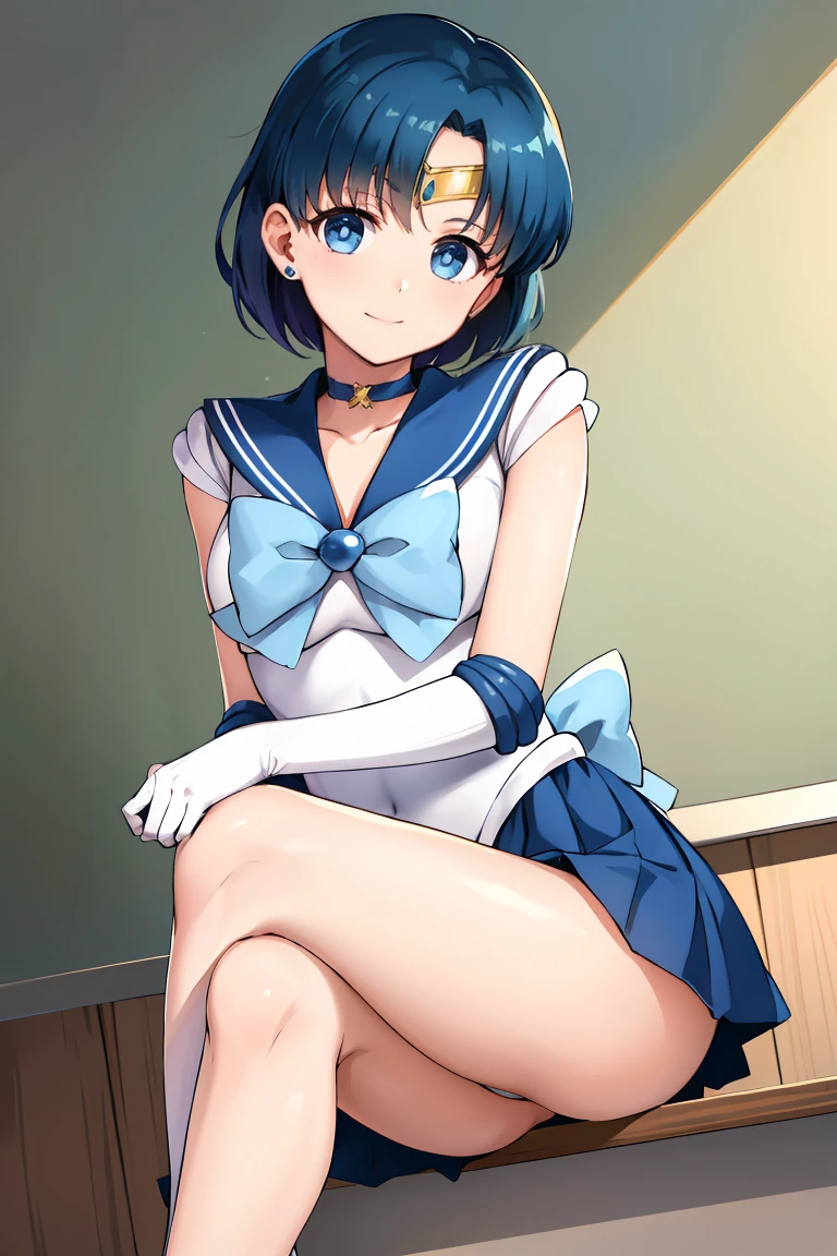 masterpiece, Highest quality, High resolution, Mercury 1, One girl, alone, Sailor Warrior Uniforms, Sailor Mercury, Which is Mizuno, Blue Hair, Magical girl, blue eyes, Blue Skirt, Elbow hand pockets, tiara, Pleated skirt, Hair Ribbon, Blue sailor collar, mini skirt, choker, Blue choker, White gloves, Short Hair, jewelry, Earrings, Sitting, Crossing your legs,The background is a school classroom,smile、
