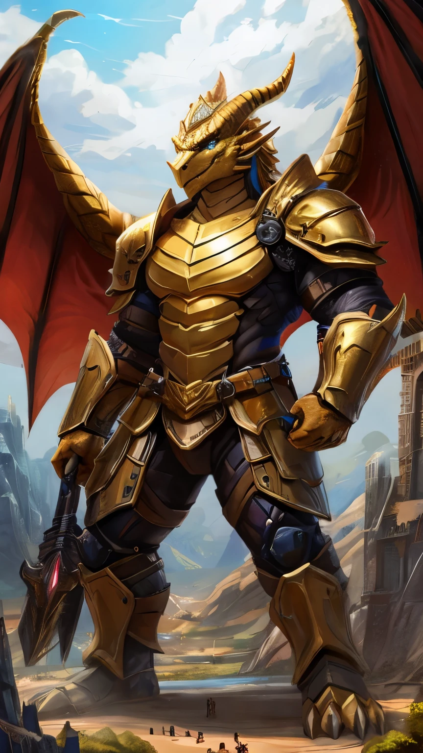 golden dragonborn, handsome, strong, armor, macro