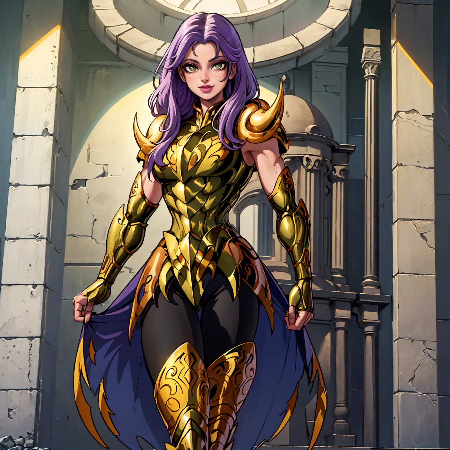 aries, ((long purple hair, glowing green eyes, lipstick, makeup, narrow waist, skinny, big breasts, alone)), pelvic curtain, ((golden shinning armor, reflection armor)), full body, perfect body, (insanely detailed, beautiful detailed face, masterpiece, best quality) , (((solo))), (((1girl))), (((mature))), (extremely detailed 8k paper CG wall unit: 1.1), (greek ruins background, dusk), (smile face for the viewer), eropose