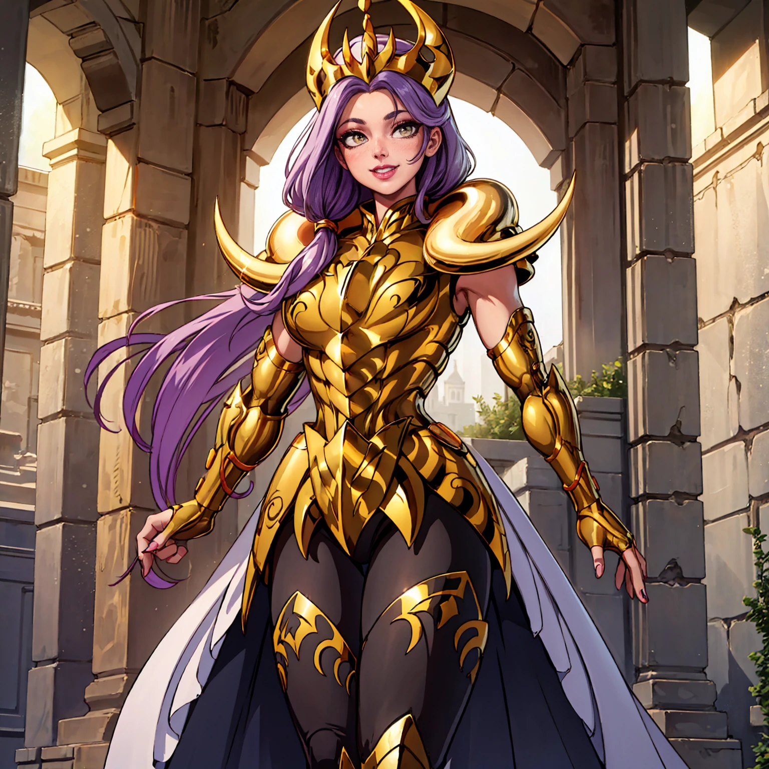 aries, ((long purple hair, glowing green eyes, lipstick, makeup, narrow waist, skinny, big breasts, alone)), pelvic curtain, ((golden shinning armor, reflection armor)), full body, perfect body, (insanely detailed, beautiful detailed face, masterpiece, best quality) , (((solo))), (((1girl))), (((mature))), (extremely detailed 8k paper CG wall unit: 1.1), (greek ruins background, dusk), (smile face for the viewer), eropose