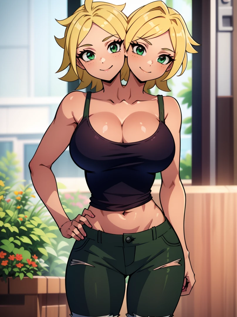 best quality, (masterpiece),(ultra-detailed), (high quality), (high resolution), ((2heads:1.5)), best quality:1.5, highres, UHD, 16K), smiling, highres, masterpiece, (blonde hair), (cleavage), (black short tank top), medium long hair, ((green denim shorts)), lustrous and smooth skin, (mature woman), (black eyes), (cute face), (exposed midriff), seductive silhouette, ((slim hips)), casual dress, sexy proportions, young girl with accentuated slender abs, long legs, seductive woman, lustrous woman, (large breasts), ((detailed eyes)), boots