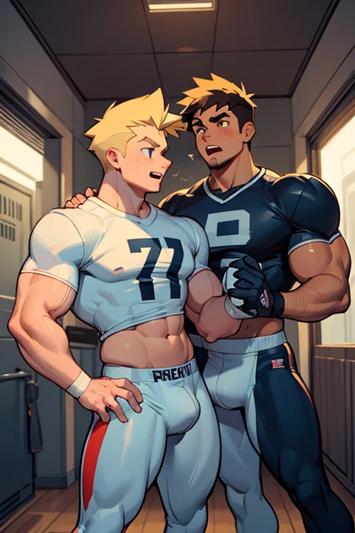Danny Phantom, ghost, hypnosis, jock, conversion, locker room hallway, hyper muscles, jockstrap, bro, meathead, hypnotized, brainwashed, brainwashing, big dumb jock, football. Glowing eyes. Hyper crotch bulge. Massive bulging crotch. Big balls. Big biceps. Big triceps. Big traps. Broad shoulders. Big meaty pecs. Big thighs. Thick glutes. Football team assimilation. Deep dull voice. glazed expression. dumber and dumber. Open mouth. Clothes turning into a football uniform. Danny Fenton turning into Dash Baxter. Black turning blonde. Twinning. Obeying Dash as he says, "Don't worry, Fenton. You'll like being me. Now shove that nerd into the locker."