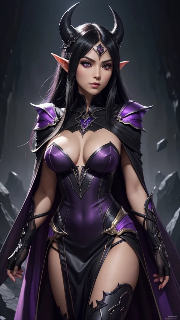 a woman with a black cape and a purple dress, extremely detailed artgerm, beautiful dark elf countess, artgerm and rossdraws, artgerm. dark elf princess, artgerm. high detail, artgerm detailed, dark fantasy style art, style of artgerm, trending artgerm, style artgerm with purple horn