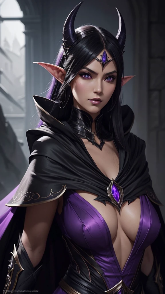 a woman with a black cape and a purple dress, extremely detailed artgerm, beautiful dark elf countess, artgerm and rossdraws, artgerm. dark elf princess, artgerm. high detail, artgerm detailed, dark fantasy style art, style of artgerm, trending artgerm, style artgerm with purple horn