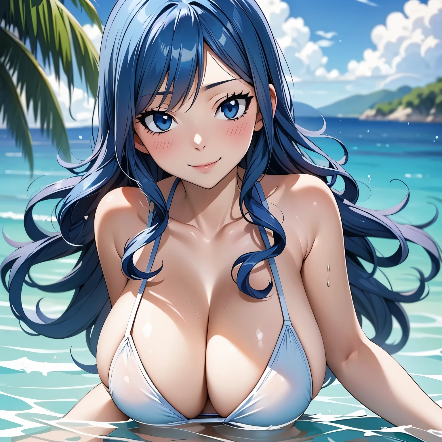 Juvia Lockser, 25 year old woman. wavy blue hair, blue eyes, big breasts, blush, mischievous smile, white bikini, background a tropical beach. WET BODY. drops of water on his chest.